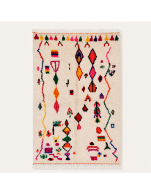 Tapis Beni Ouarain artisanal marocain en laine ivoire à motifs berbères multicolores