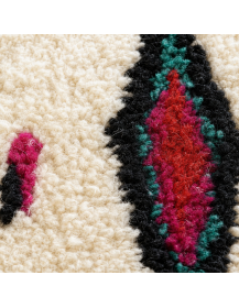 Gros plan sur la texture dense et duveteuse de la laine et les motifs géométriques multicolores