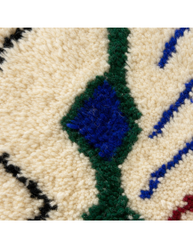 Détail de la texture laineuse et des motifs colorés du tapis Beni Ouarain artisanal