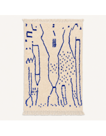 Tapis Beni Ouarain artisanal marocain en laine ivoire crème et bleu roi