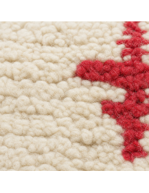 Gros plan sur la texture bouclée de la laine et les motifs rouges du tapis Beni Ouarain