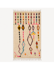 Tapis Beni Ouarain artisanal marocain en laine ivoire crème à motifs berbères multicolores