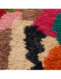Détail des fibres de laine et du relief des motifs géométriques multicolores du tapis