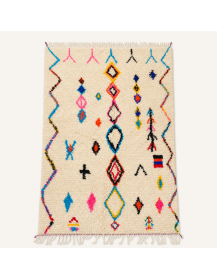Tapis Beni Ouarain artisanal marocain en laine ivoire crème avec motifs géométriques multicolores