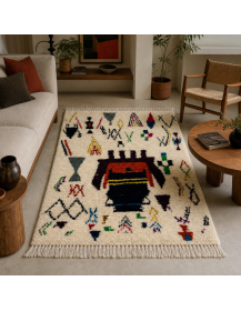Tapis Beni Ouarain ivoire écru et multicolore dans un intérieur contemporain chaleureux
