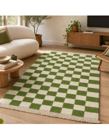 Tapis Beni Ouarain ivoire crème et vert mousse dans un intérieur contemporain chaleureux