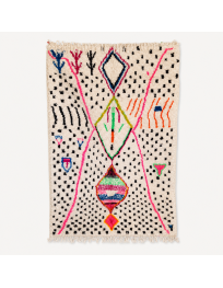 Tapis Beni Ouarain artisanal marocain en laine ivoire écru et noir à motifs géométriques colorés