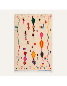 Tapis Beni Ouarain artisanal marocain en laine écrue avec motifs berbères abstraits multicolores