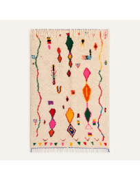 Tapis Beni Ouarain artisanal marocain en laine écrue avec motifs berbères abstraits multicolores
