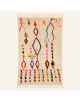 Tapis Beni Ouarain artisanal marocain en laine ivoire écru et motifs géométriques multicolores