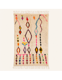 Tapis Beni Ouarain artisanal marocain en laine ivoire écru et motifs géométriques multicolores