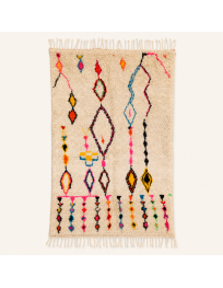 Tapis Beni Ouarain artisanal marocain en laine ivoire écru et motifs géométriques multicolores