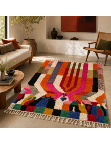 Tapis Beni Ouarain multicolore dans un intérieur contemporain aux matières naturelles