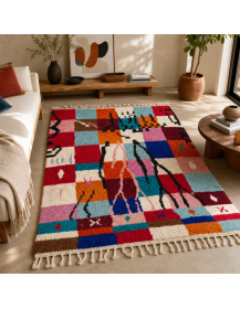 Tapis artisanal marocain multicolore en laine dans un intérieur contemporain aux matières naturelles