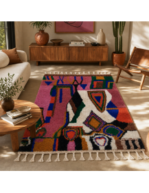 Tapis artisanal marocain multicolore en laine intégré dans un salon contemporain aux matières naturelles