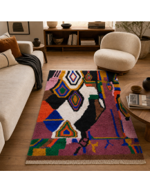 Tapis Beni Ouarain noir et multicolore dans un intérieur contemporain aux matières naturelles