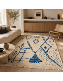 Tapis artisanal marocain Beni Ouarain ivoire crème et bleu cobalt dans un intérieur contemporain chaleureux