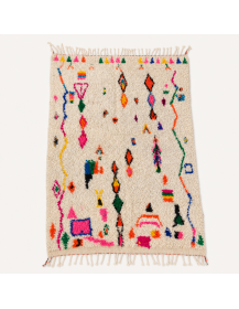 Tapis Beni Ouarain artisanal marocain en laine ivoire écru à motifs abstraits multicolores