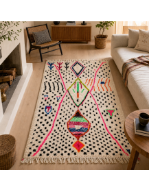 Tapis Beni Ouarain ivoire crème et multicolore dans un intérieur contemporain chaleureux