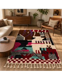Tapis artisanal marocain brun chocolat et écru dans un salon contemporain éclectique