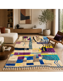 Tapis en laine ivoire et multicolore dans un salon contemporain aux accents bohèmes