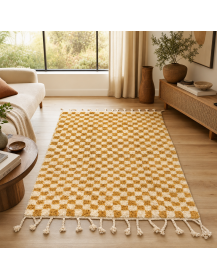 Tapis Beni Ouarain ivoire crème et ocre dans un intérieur contemporain chaleureux