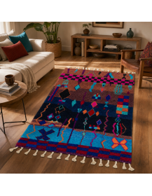 Tapis Beni Ouarain brun-maroon et multicolore dans un intérieur contemporain éclectique aux matières chaleureuses