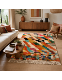 Tapis Beni Ouarain écru et multicolore dans un salon contemporain chaleureux