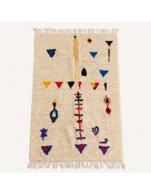 Tapis Beni Ouarain artisanal marocain en laine écru ivoire à motifs géométriques multicolores