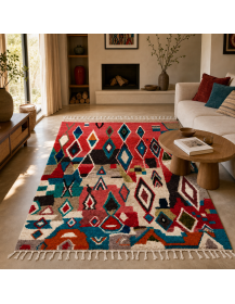 Tapis artisanal marocain géométrique rouge corail dans un salon contemporain chaleureux