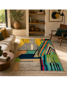 Tapis artisanal marocain multicolore en laine dans un salon contemporain éclectique