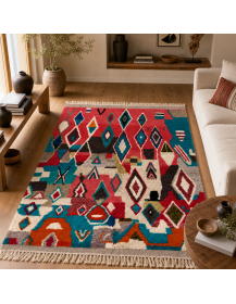 Tapis Beni Ouarain géométrique multicolore dans un salon contemporain chaleureux aux matières naturelles