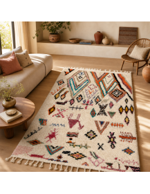 Tapis Beni Ouarain ivoire écru et multicolore dans un salon contemporain chaleureux
