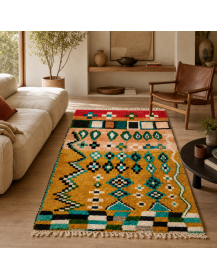 Tapis artisanal marocain ocre moutarde dans un intérieur contemporain chaleureux
