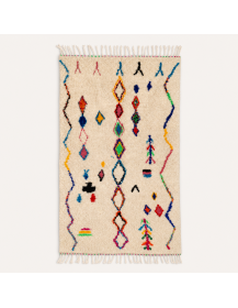 Tapis Beni Ouarain artisanal marocain en laine ivoire écru à motifs géométriques multicolores