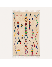 Tapis Beni Ouarain artisanal marocain en laine ivoire écru à motifs géométriques multicolores