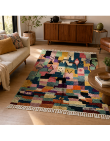 Tapis Beni Ouarain multicolore intégré dans un intérieur contemporain aux matières naturelles
