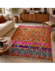 Tapis marocain artisanal terracotta et rose fuchsia dans un intérieur contemporain éclectique