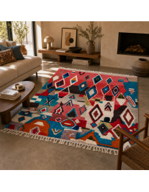 Tapis artisanal marocain corail et bleu turquoise intégré dans un salon chaleureux aux matières naturelles