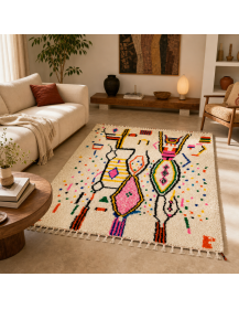 Tapis Beni Ouarain ivoire et multicolore dans un salon contemporain aux matières naturelles
