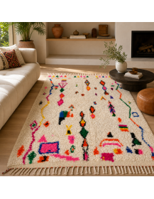 Tapis Beni Ouarain ivoire écru et multicolore dans un intérieur contemporain chaleureux