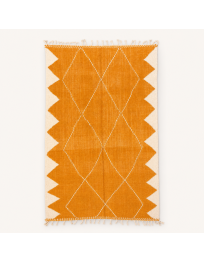 Tapis Beni Ouarain artisanal marocain en laine ocre orange et écru, motif géométrique