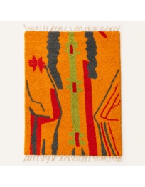 Tapis Beni Ouarain artisanal marocain rectangulaire en laine orange avec motifs abstraits rouges, anthracite et vert anis