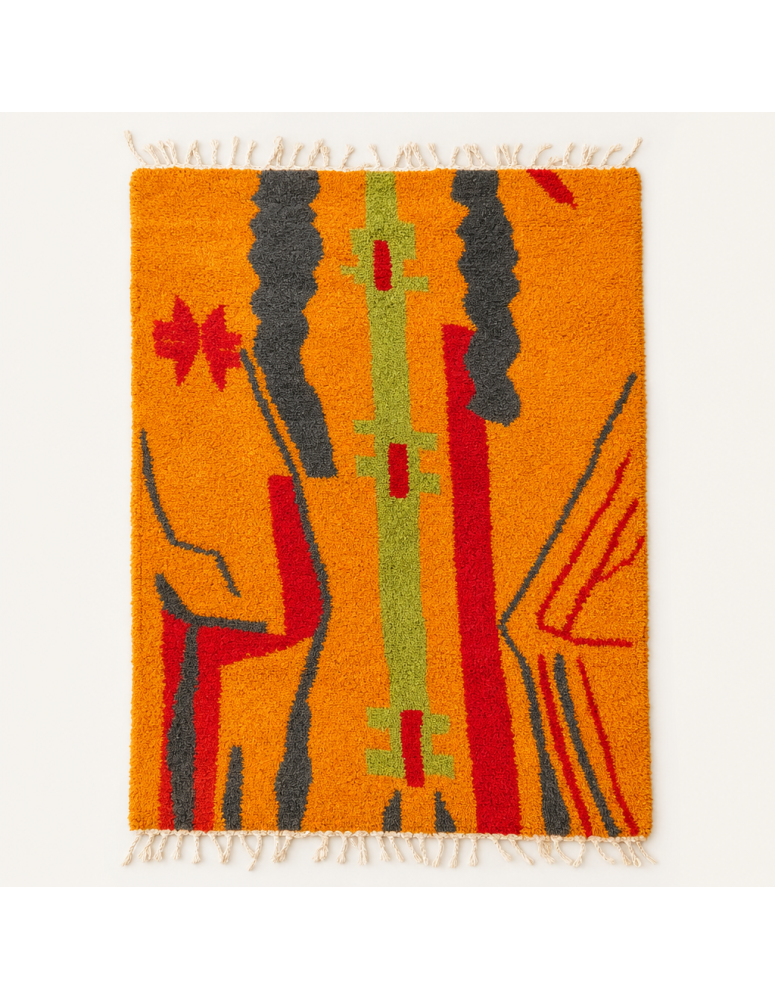 Tapis Beni Ouarain artisanal marocain rectangulaire en laine orange avec motifs abstraits rouges, anthracite et vert anis