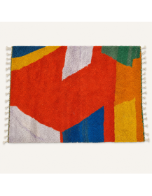 Tapis Beni Ouarain artisanal marocain en laine rouge-orange et vert émeraude à motif abstrait