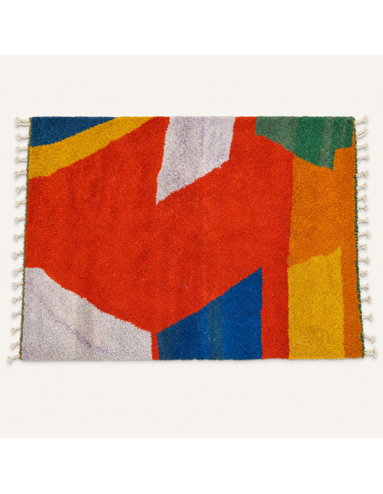 Tapis Beni Ouarain artisanal marocain en laine rouge-orange et vert émeraude à motif abstrait