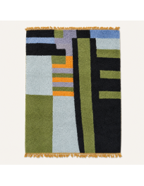 Tapis Beni Ouarain artisanal marocain en laine noir charbon et vert olive, motif géométrique abstrait