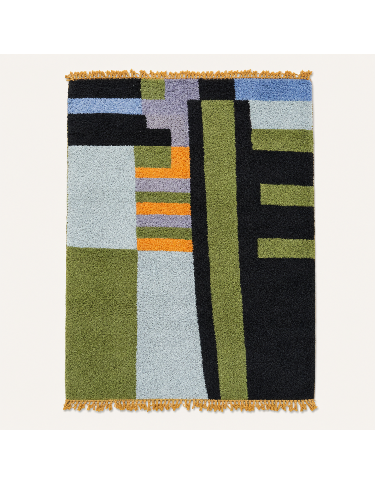 Tapis Beni Ouarain artisanal marocain en laine noir charbon et vert olive, motif géométrique abstrait