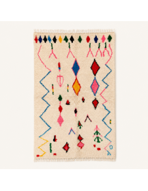 Tapis Beni Ouarain artisanal marocain en laine ivoire écru à motifs berbères multicolores