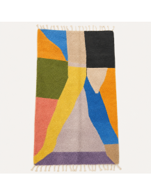 Tapis artisanal marocain en laine vert olive et jaune moutarde à motifs géométriques abstraits